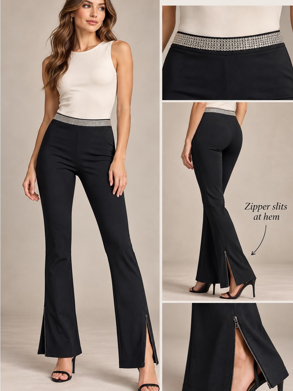 Cache crystal belt pants with zipper bottoms